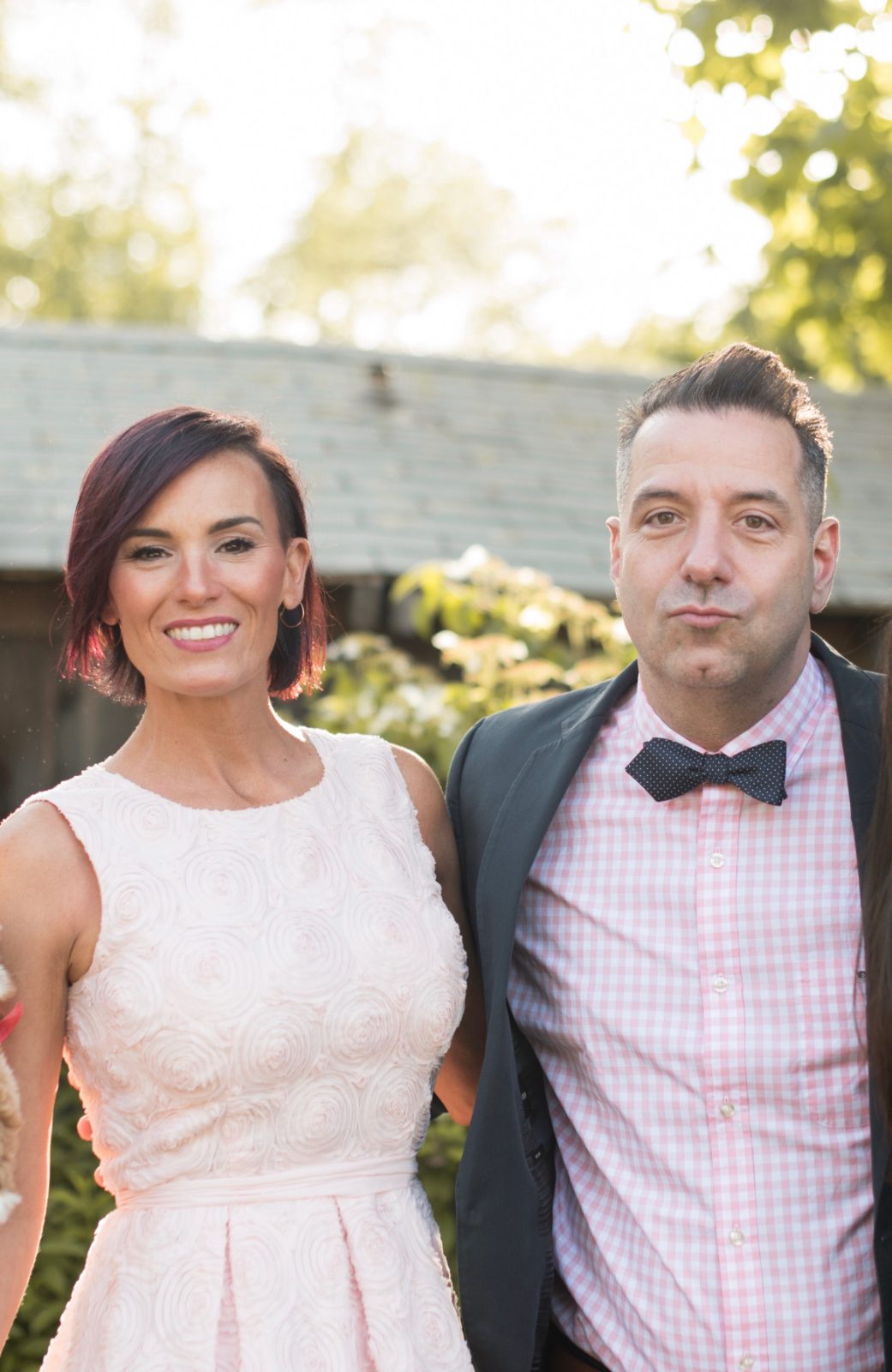 Garden party in Connecticut, bow tie and pink